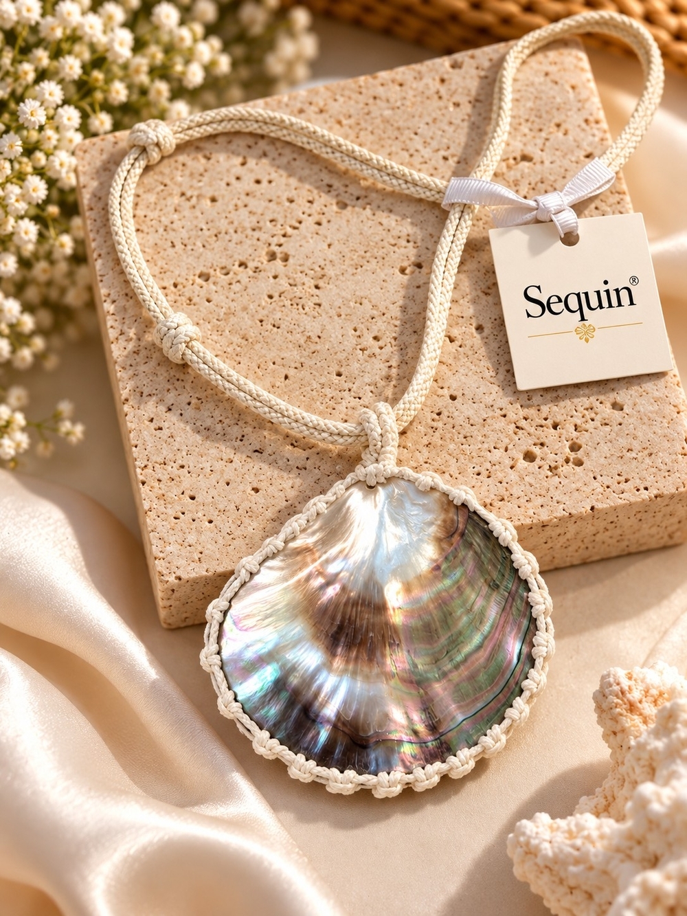 Iridescent Shell Pendant Necklace in Cream